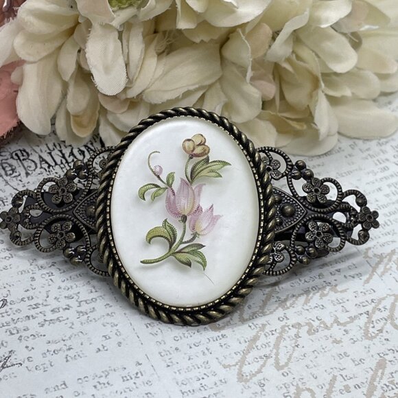 Festival  Tulip Frosted  Rose Pink Mauve Victorian Cameo Wedding Pin Hair Clip - Picture 2 of 13